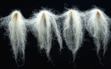 Four clusters of delicate white root-like filaments with light brown upper sections displayed against a black background, resembling natural organic structures