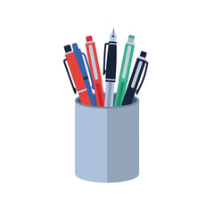 A light blue cylindrical holder filled with several colorful pens and a fountain pen.