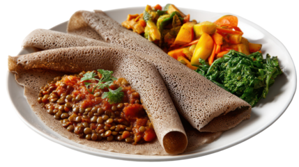 Ethiopian injera with doro wat and vegetable stew isolated on transparent background