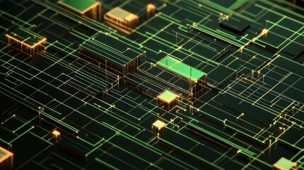 Abstract digital circuit board with glowing green and yellow lines and blocks creating a futuristic technology network