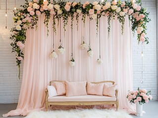 Elegant Floral Arrangement with Peach Drapery and Vintage Sofa for Events