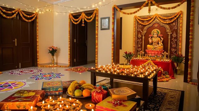 Beautifully decorated Indian home interior for Diwali festival, featuring a revered Goddess Lakshmi idol, numerous glowing clay diyas, vibrant marigold garlands, and traditional rangoli designs, symbo
