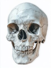 Obraz premium Close-up of a detailed human skull showing teeth, eye sockets, nasal cavity, and natural bone texture with cracks and shadows, evoking a sense of mortality and anatomy