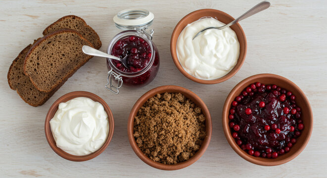 Authentic Latvian Rye Bread Ingredients Flat Lay on Rustic Wood