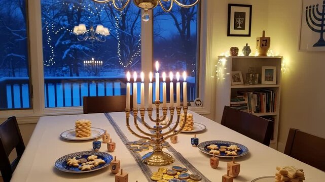 Warm and inviting Hanukkah table setting featuring a glowing menorah, star cookies, chocolate coins, and dreidels against a snowy winter backdrop, perfect for holiday celebrations.