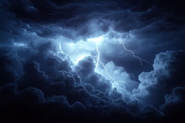 Dramatic dark storm clouds illuminated by bright lightning bolts creating a powerful and intense atmosphere