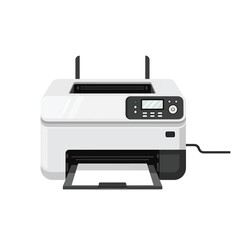 A modern white office printer with paper in the output tray, ready for printing documents.