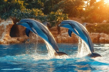 Obraz premium Two dolphins leaping out of blue water with splashes under warm sunlight near rocky shore and green foliage