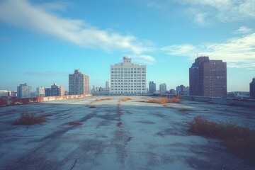 Obraz premium Wide rooftop view with scattered dry plants and looming urban buildings under a bright blue sky with soft clouds, evoking a calm yet deserted atmosphere