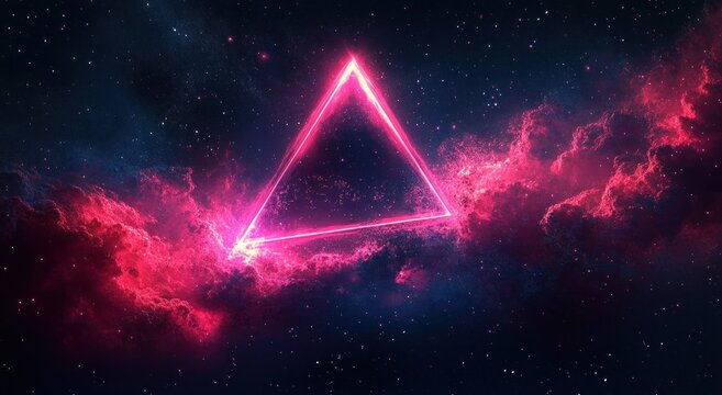 Glowing neon pink triangular frame floating in a starry galaxy with vibrant pink and purple cosmic clouds, evoking a sense of mystery and cosmic energy