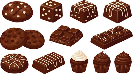 Delicious chocolate cookies, sweet cupcakes, assorted truffles, tasty brownies, gourmet desserts, chocolate bars, homemade treats, bakery sweets, cocoa delights, confectionery