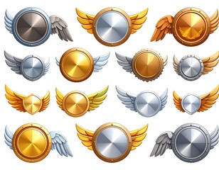 Metallic Shields with Wings Vector Illustration Set