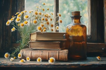 Rustic still life with old stacked books, a brown glass bottle, and a bunch of small white and yellow daisies by a window with soft natural light