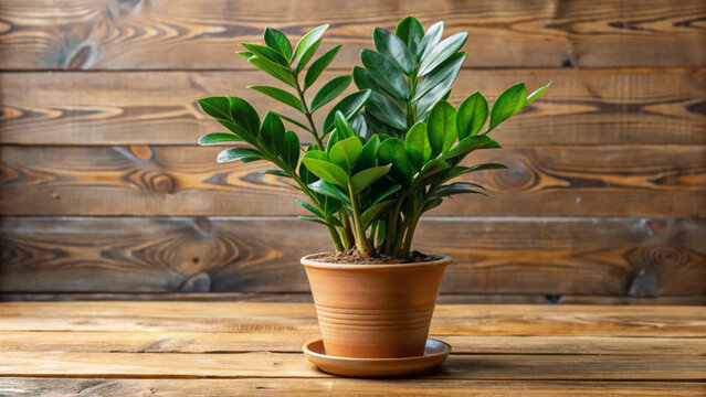 A vibrant zamia plant in a terracotta pot against wooden backdrop