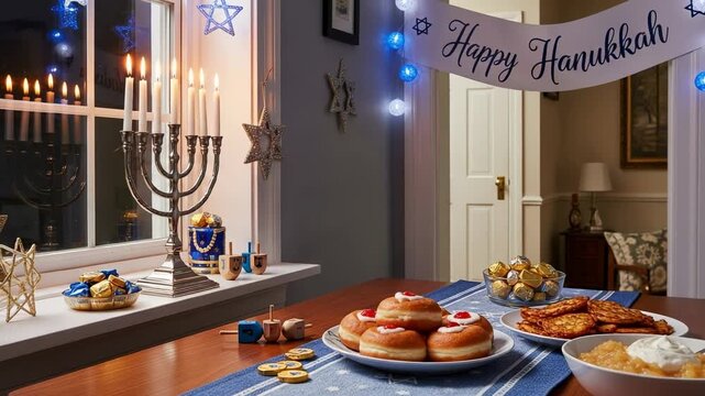 Happy Hanukkah banner with lit menorah, traditional donuts, latkes, and dreidels on a festive table setting