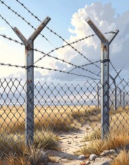 A path through a dusty barbed wire fence