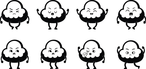 Cartoon clouds, funny characters, anthropomorphic illustration, kids drawing, comic style doodle, animated cloud clipart, expressive weather design, playful sky sketch