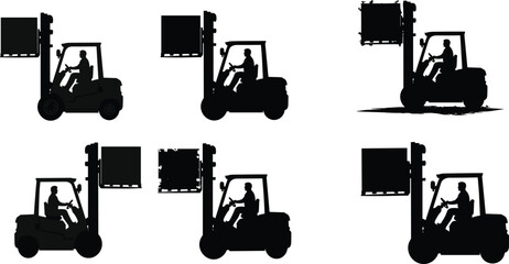 Forklift silhouette illustration, warehouse lifting trucks, heavy duty cargo vehicles, industrial machines, pallet lifting equipment, transport loaders, construction forklift operator, logistics.