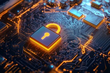 Close-up of a glowing padlock icon integrated onto a dark computer circuit board symbolizing digital security and data protection with bright orange and blue neon lights