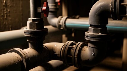 Dust particles settling on dirty industrial pipes, showing old, grimy pipes with valves and plumbing system components, close up footage. - Powered by Adobe
