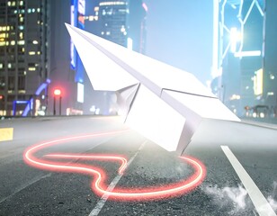 Paper airplane on city street at night