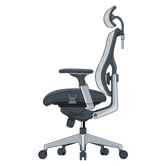 Side view of a modern ergonomic office chair with adjustable features and mesh backrest, designed for comfort and productivity.