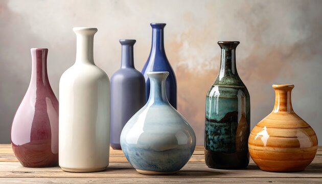 A collection of seven different ceramic vases of varying shapes and colors arranged on a wooden surface with a muted background