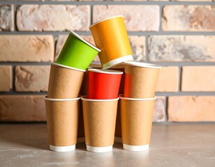 Paper coffee cups stacked against brick wall