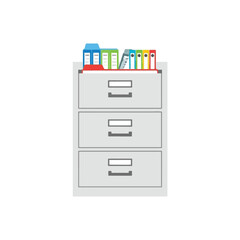 Grey three-drawer filing cabinet with colorful binders and folders on top, representing office organization and document storage.