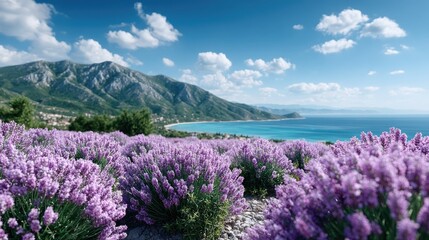 Blooming Lavender Field Under Blue Sky with Coastal Mountain Range in Background Summer Day Serene Landscape Purple Flowers Turquoise Water