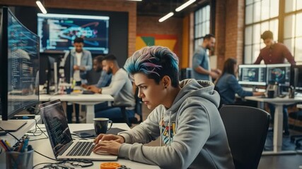 Young diverse programmer with vibrant blue and pink hair focused on laptop in a modern tech office, surrounded by colleagues collaborating on software development projects. - Powered by Adobe