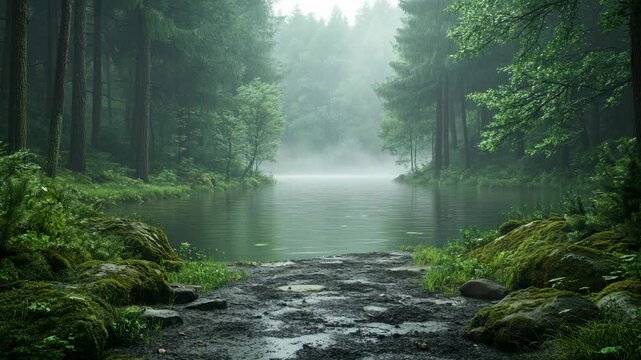 Serene misty forest with moss-covered rocks and calm riverbank scene