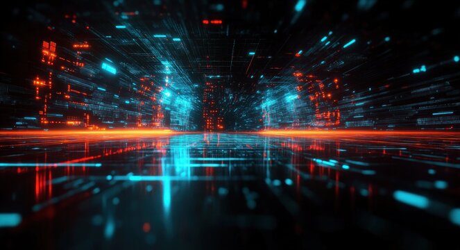 futuristic digital tunnel with glowing blue and orange circuits and lights creating a sense of depth and motion