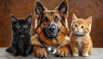 Portrait of a large German Shepherd dog lying between two attentive kittens, one black and one orange, with the dog wearing a stethoscope around its neck against a warm brown background