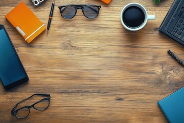 Top view of a wooden desk with scattered office items including smartphones, notebooks, eyeglasses, a pen, a cup of coffee, and part of a laptop keyboard, evoking a productive and organized workspace