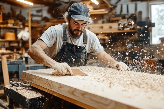Focused male carpenter smoothing large wooden board with sanding tool in workshop with flying wood shavings