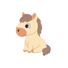 Cute pony sitting with big eyes. Adorable baby horse illustration, perfect for children’s books, toys, stickers, or kids’ design projects.
