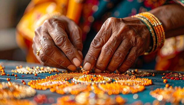 Close-up of hands embroidering a textile piece