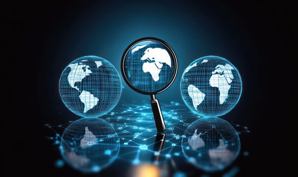 Three digital globes over a network grid with a magnifying glass focusing on one globe showing continents under a dark blue background, symbolizing global analysis and connectivity - Powered by Adobe