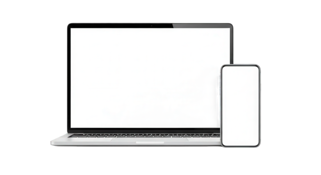 Laptop computer and smartphone side by side, isolated on transparent background