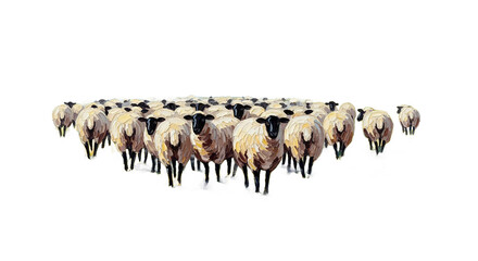 A flock of sheep with black heads in a field illustration.