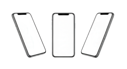 Three modern smartphone mockups with blank screens isolated on transparent background