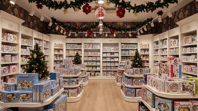 Brightly lit toy store interior decorated for Christmas, featuring aisles of shelves stocked with various boxed children's toys and festive holiday garlands.