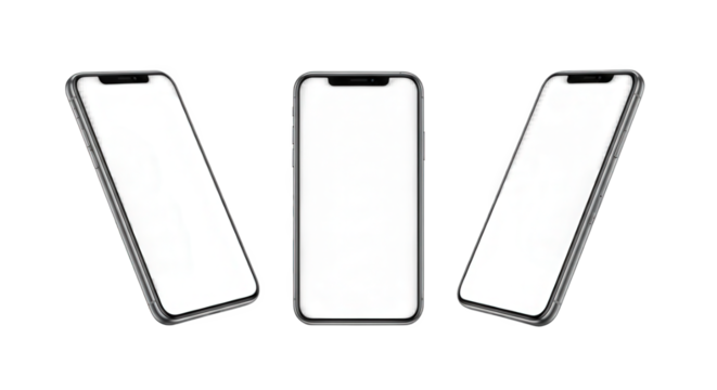 Three modern smartphone mockups with blank screens isolated on transparent background