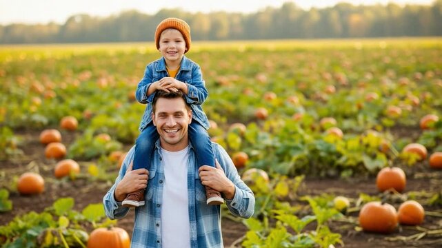 Happy Caucasian father and his young son, approximately 4-6 years old, enjoying an autumn day together in a vibrant pumpkin patch, with the boy riding joyfully on his dad's shoulders.