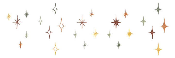 Decoration stars, sparkles in warm autumn colors hand drawn set. Textured chalk, pastel, crayon, pencil scribble grunge style. Cute doodle vector illustration isolated for seasonal decorative design.