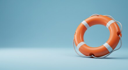A lifebuoy ring leaning on plain light blue background
