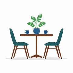 Cozy Café Setting Table with Chairs, Plant and Coffee Cups, Simple Flat Vector Illustration