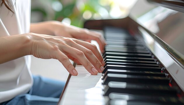 Close-up of hands playing piano keys