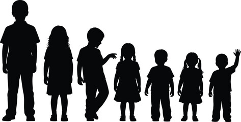 Group of children silhouette illustration, kids standing together, childhood concept, education background, teamwork symbol, diversity representation, friendship, unity, growth, learning